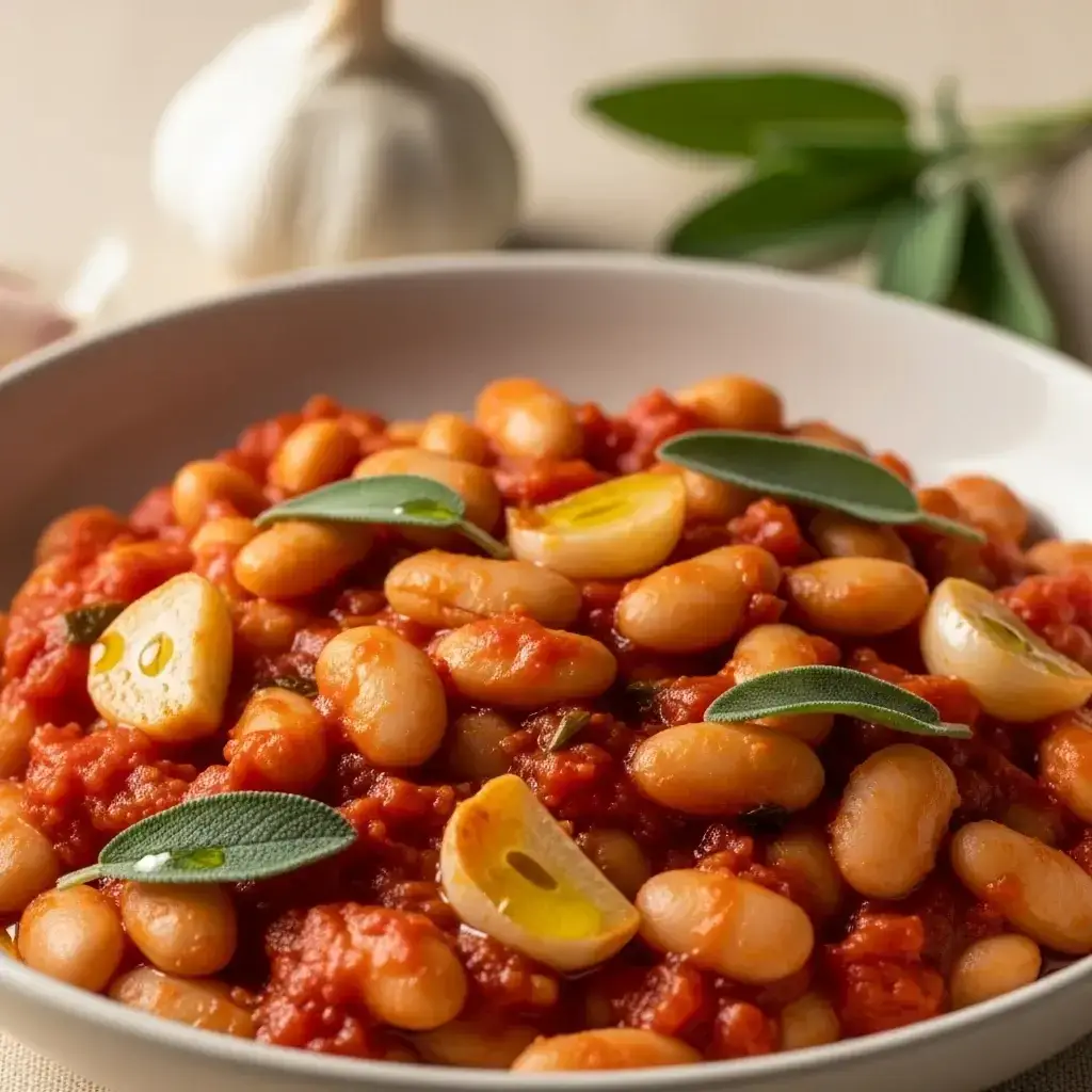 Comodidad toscana: abundantes frijoles blancos con ajo y champiñones. Salvia (Fagioli all'Uccelletto)