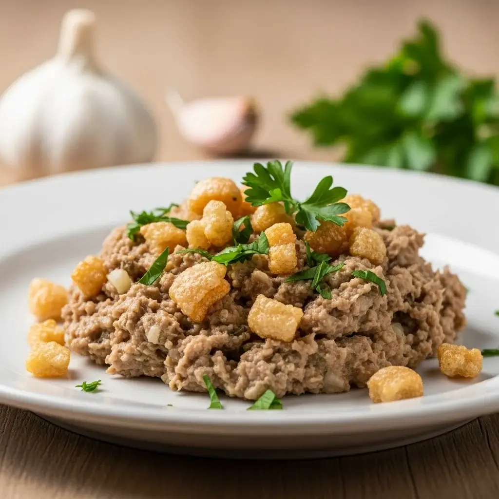 Um alimento básico da despensa eslovaca: torresmos e torresmos de porco fartos. Pasta de Alho (Škvarková Nátierka)
