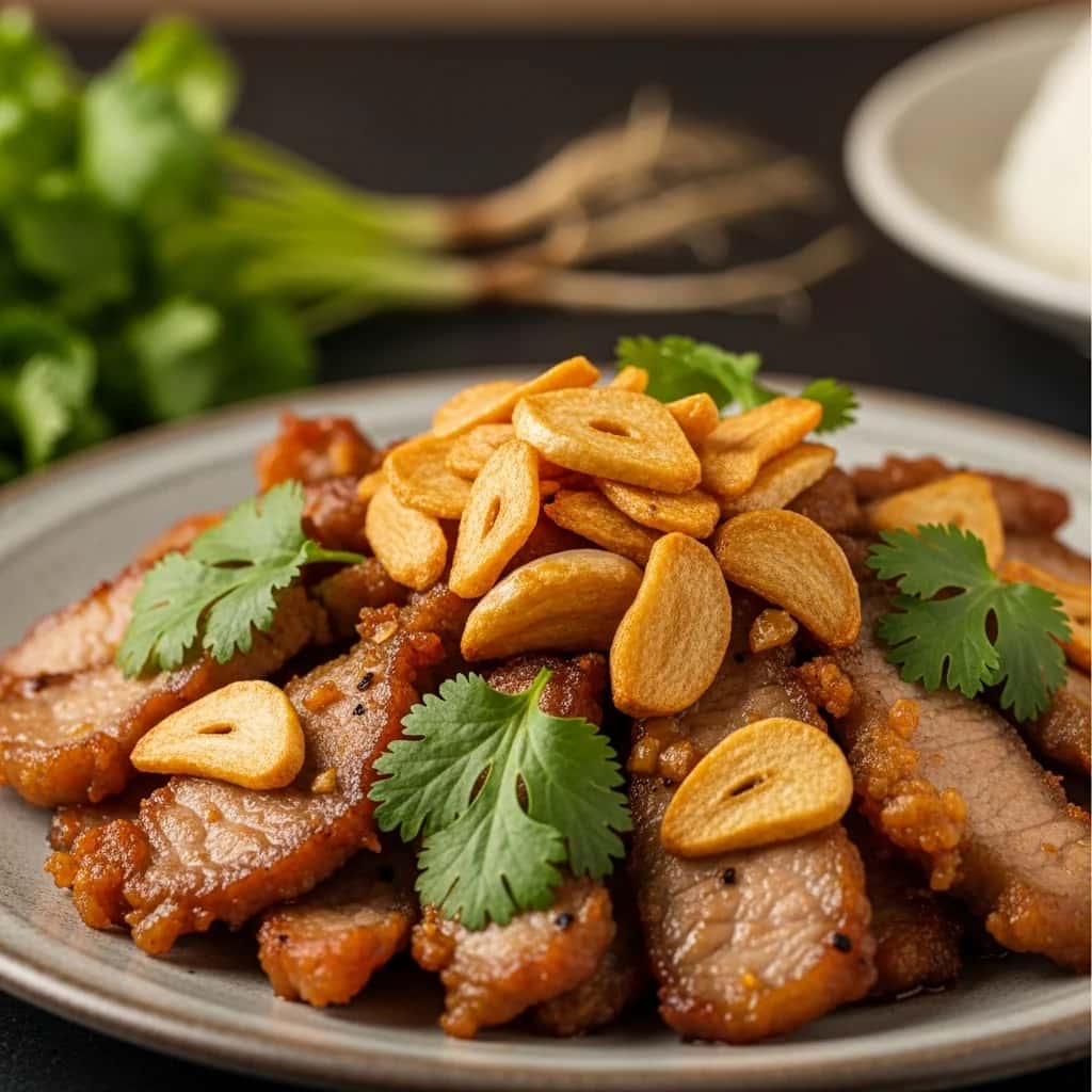 Comida de rua em Bangkok: alho escaldante e amp; Carne de porco com pimenta (Moo Tod Kratiem)