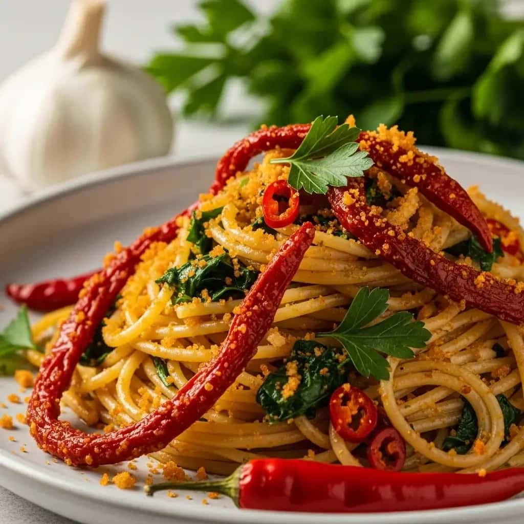 Crunch aus der Basilikata: Feuriger Knoblauch & Knusprige Paprika-Spaghetti