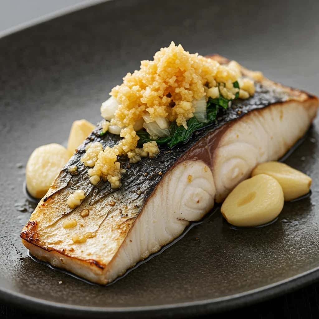 Gebratener Bonito nach Tosa-Art mit Knoblauchpunsch