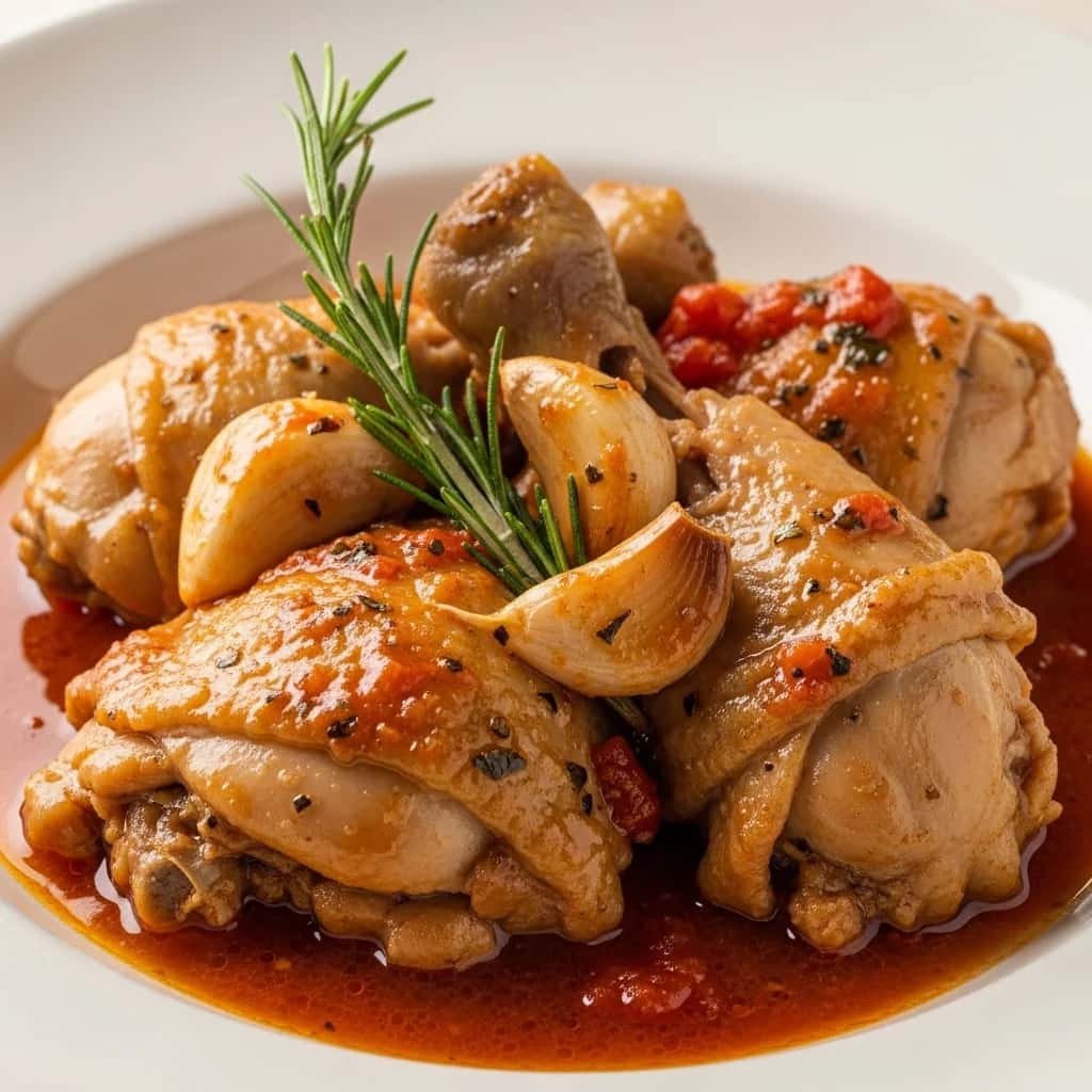 Aus den Marken: Ein rustikales, in der Pfanne geschmortes Knoblauchhähnchen (Pollo in Potacchio)