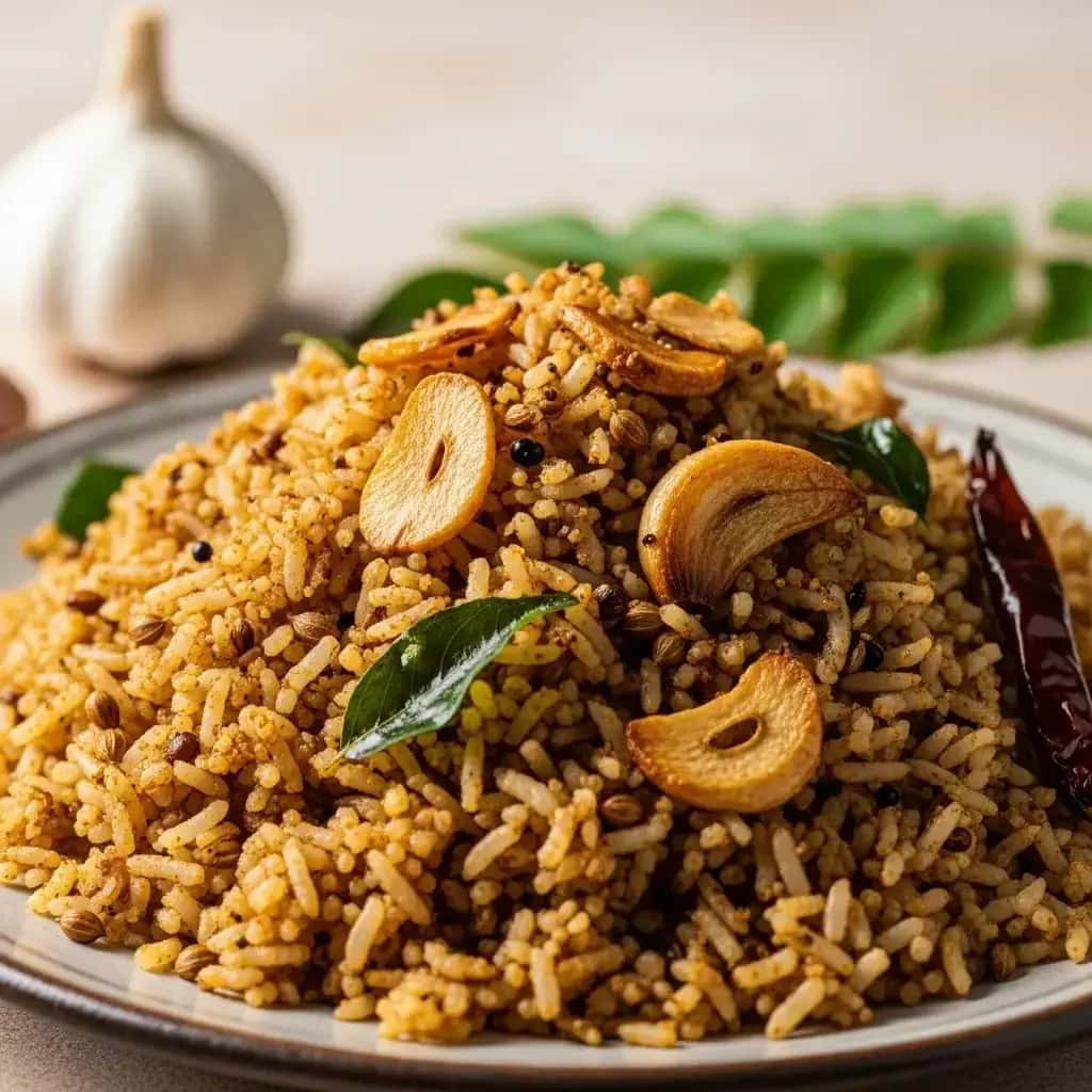 Jóia perfumada do sul da Índia: alho torrado e amp; Arroz de Lentilha (Poondu Sadam)