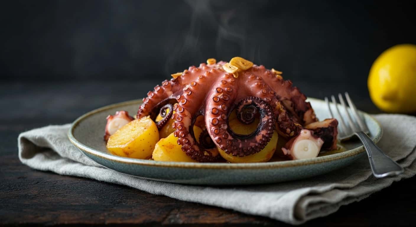 Una delicia del Egeo: Abundante estofado griego de pulpo, patata y ajo