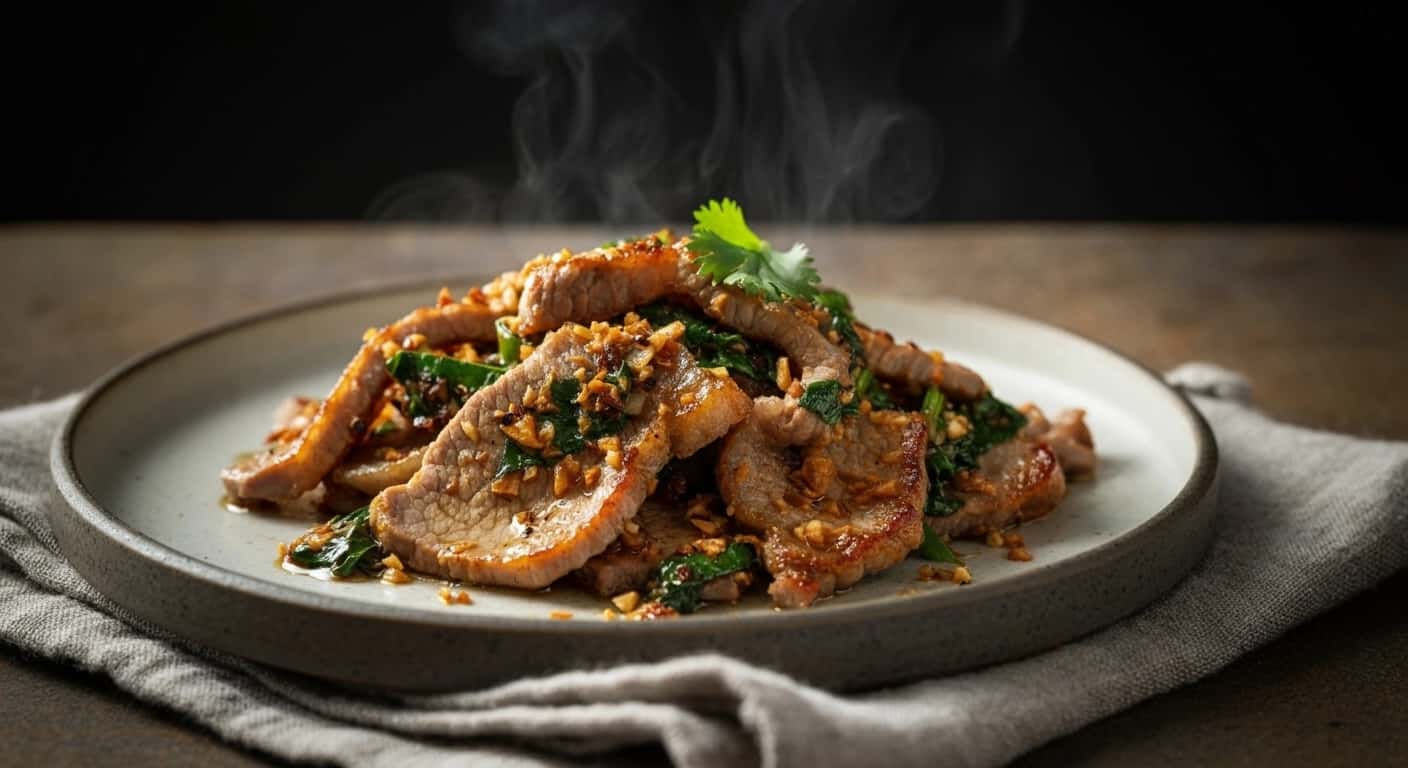 Receita Autêntica de Porco Tailandês com Alho e Pimenta (Moo Gratiem)