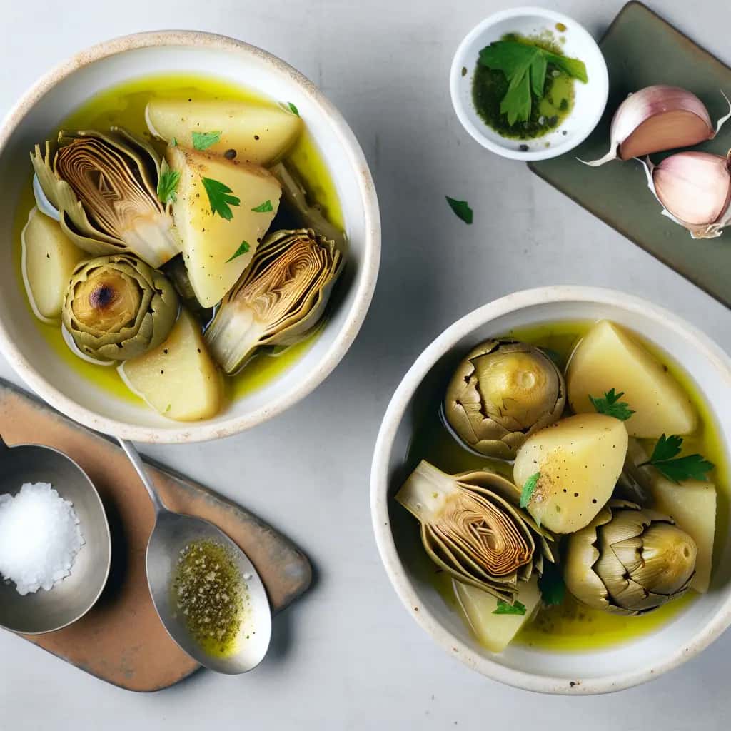 De Rome's Kitchen: un abundante ajo, alcachofa y salsa picante. Guiso de Patata (Carciofi e Patate en Tegame)