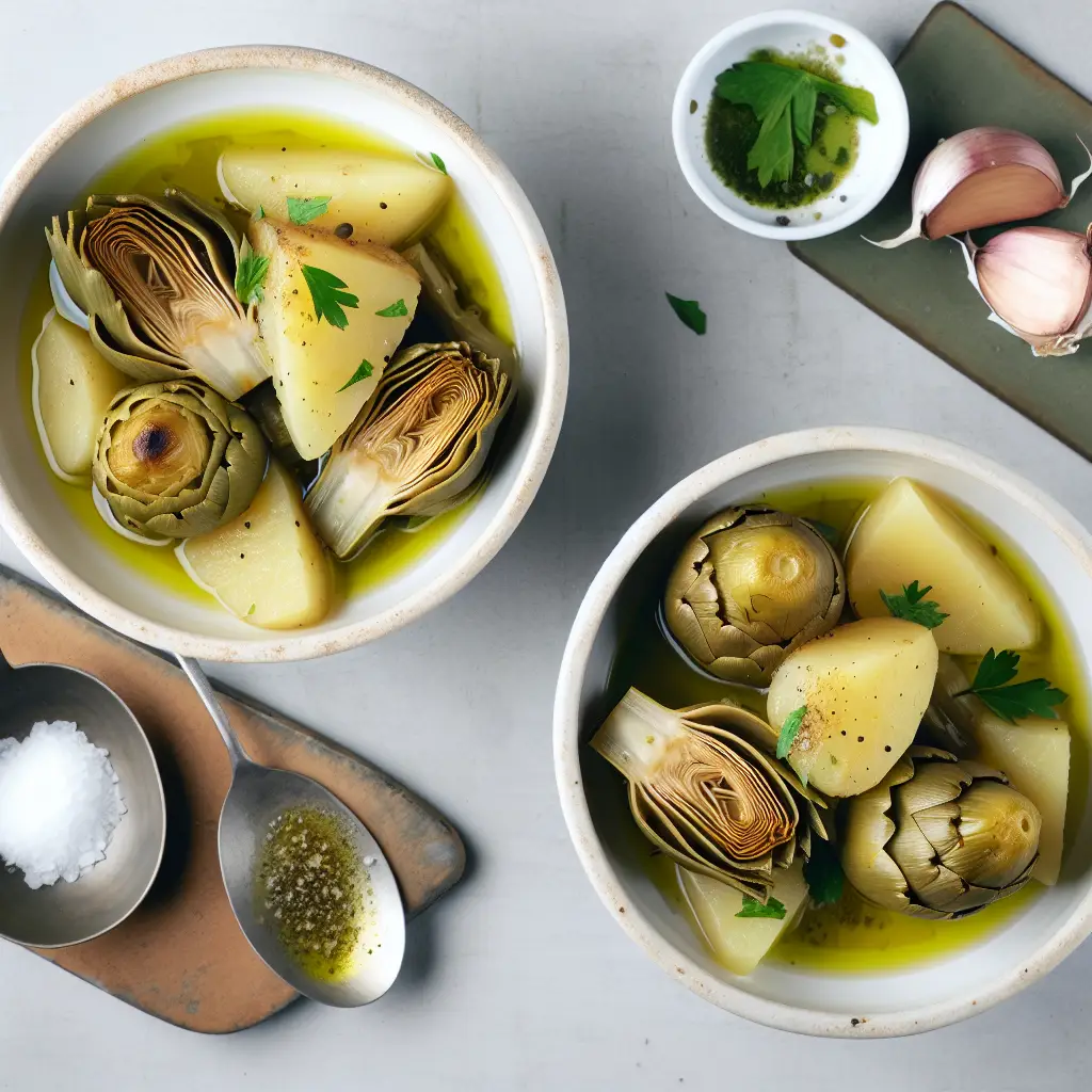 De Rome's Kitchen: un abundante ajo, alcachofa y salsa picante. Guiso de Patata (Carciofi e Patate en Tegame)