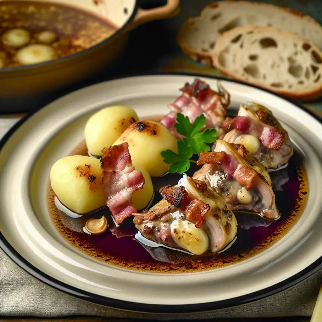 Del bosque eslovaco: conejo asado con ajo y salsa picante. Tocino (Špikovaný králik)