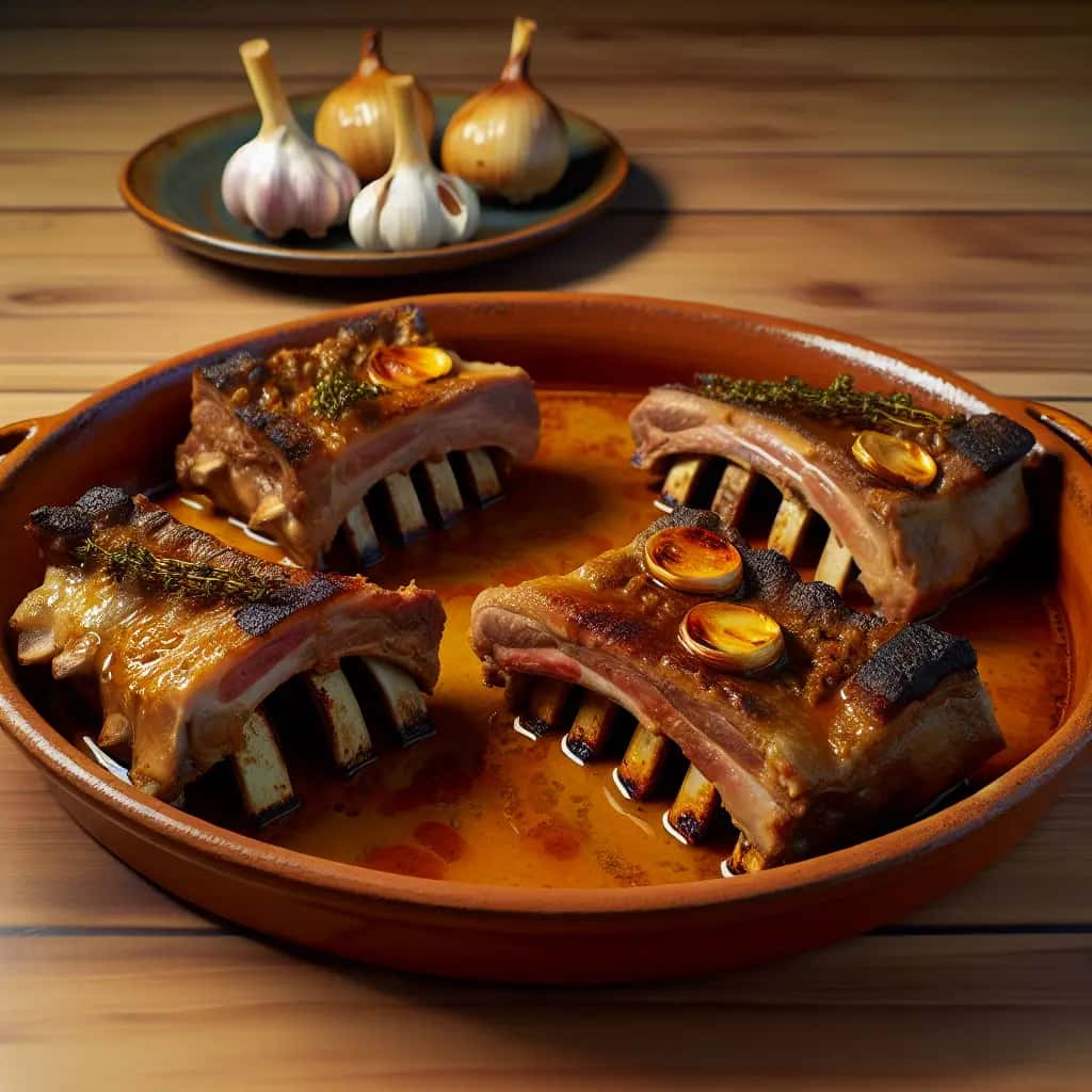 Da Meseta Espanhola: Rústico & Costelas de porco salgadas com alho (Costillas al Ajillo)