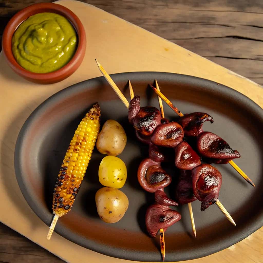 Des rues de Lima : ail et légumes grésillants Brochettes de poulet et gésiers (Anticuchos de Mollejitas)