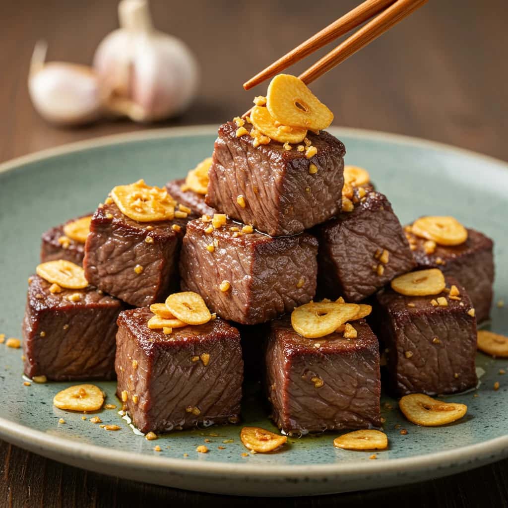 Dados deliciosos: um gostinho do bife de alho Saikoro estilo Izakaya de Tóquio