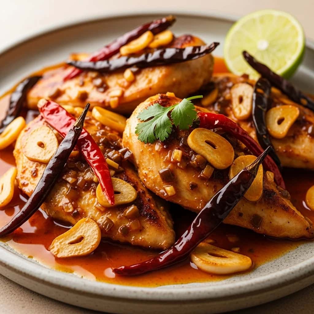 Abraço ardente do México: frango rústico com alho e guajillo (Pollo al Ajillo)