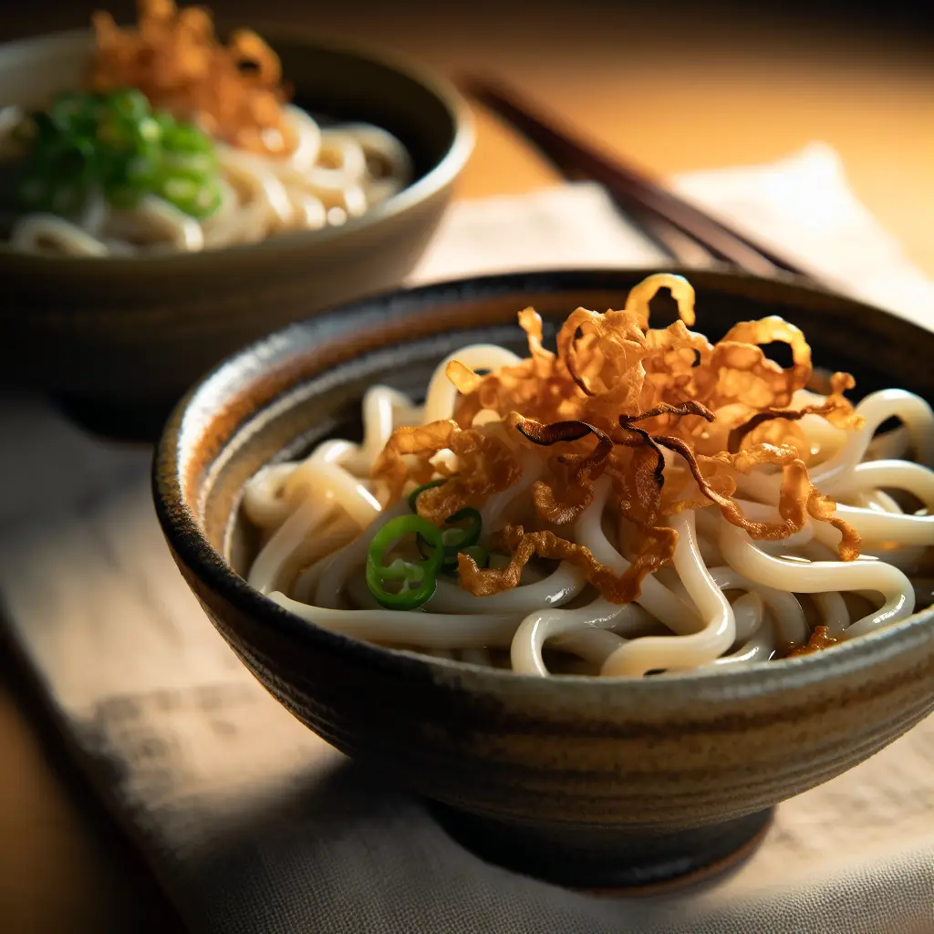 Udon de manteiga de soja e alho com chips de alho crocantes