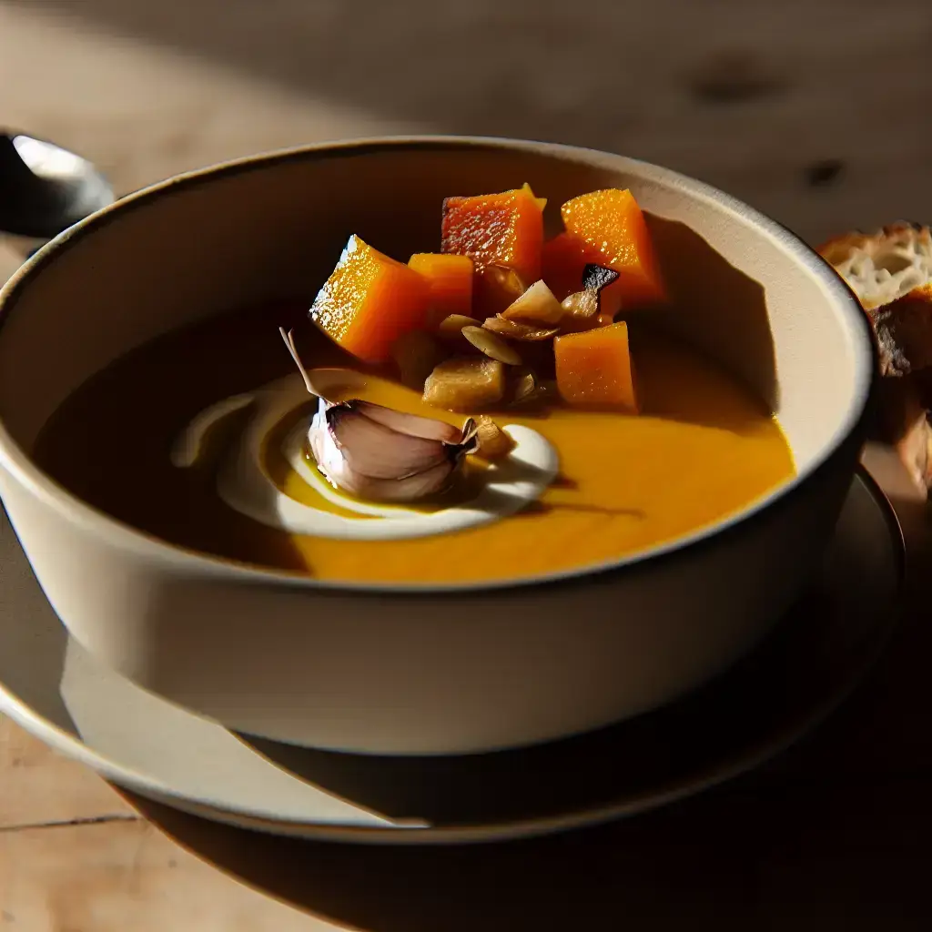 Golden Comfort : ail rôti crémeux et purée de pommes de terre. Soupe à la courge musquée