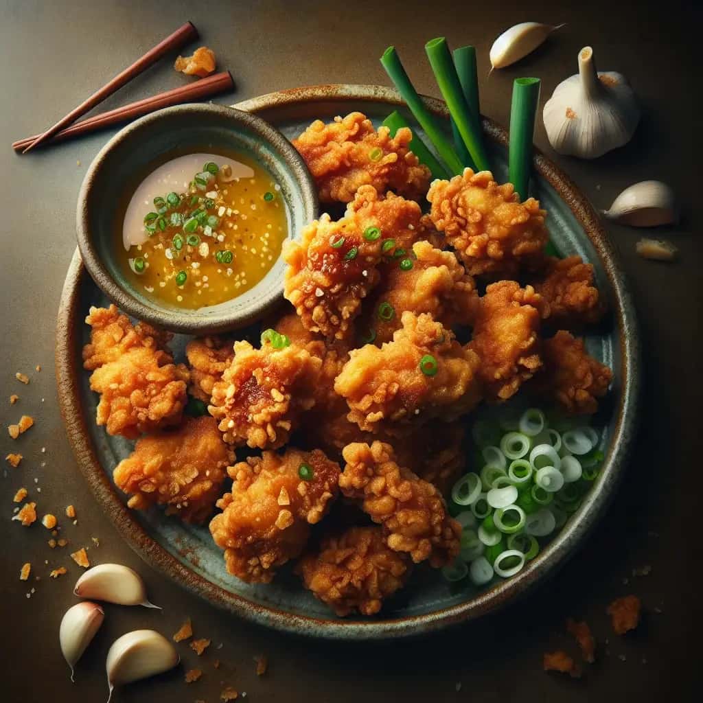 Karaage de alho japonês com molho picante de Ponzu
