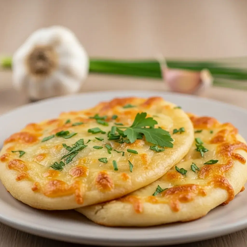 Um lanche básico da Eslováquia: alho fofo e amp; Pão achatado de queijo (Cesnakový Posúch)