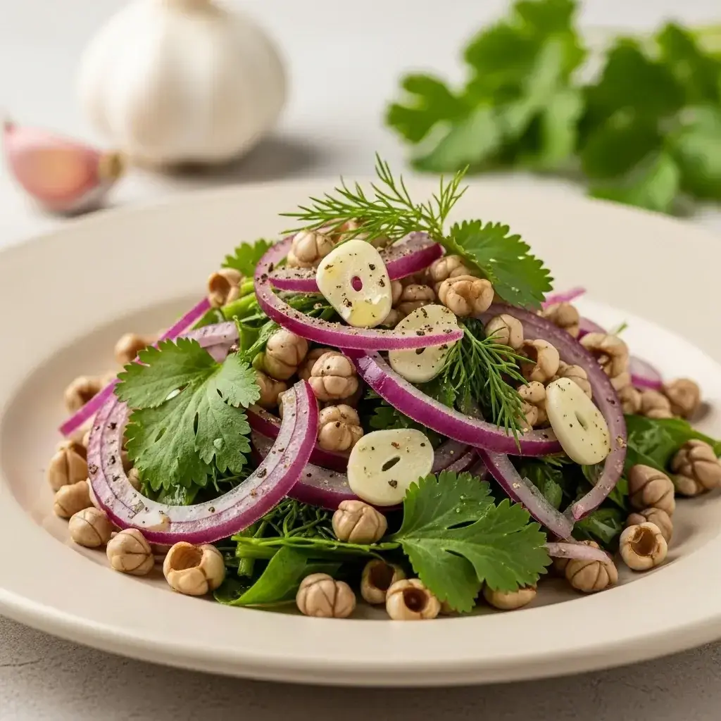 Das colinas de Imereti: um picante de alho e amp; Salada de Broto de Bladdernut (Jonjoli Salati)