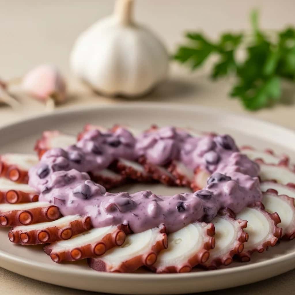 De Lima com Amor: Polvo Sedoso em Creme de Azeitona Preta com Alho (Pulpo al Olivo)