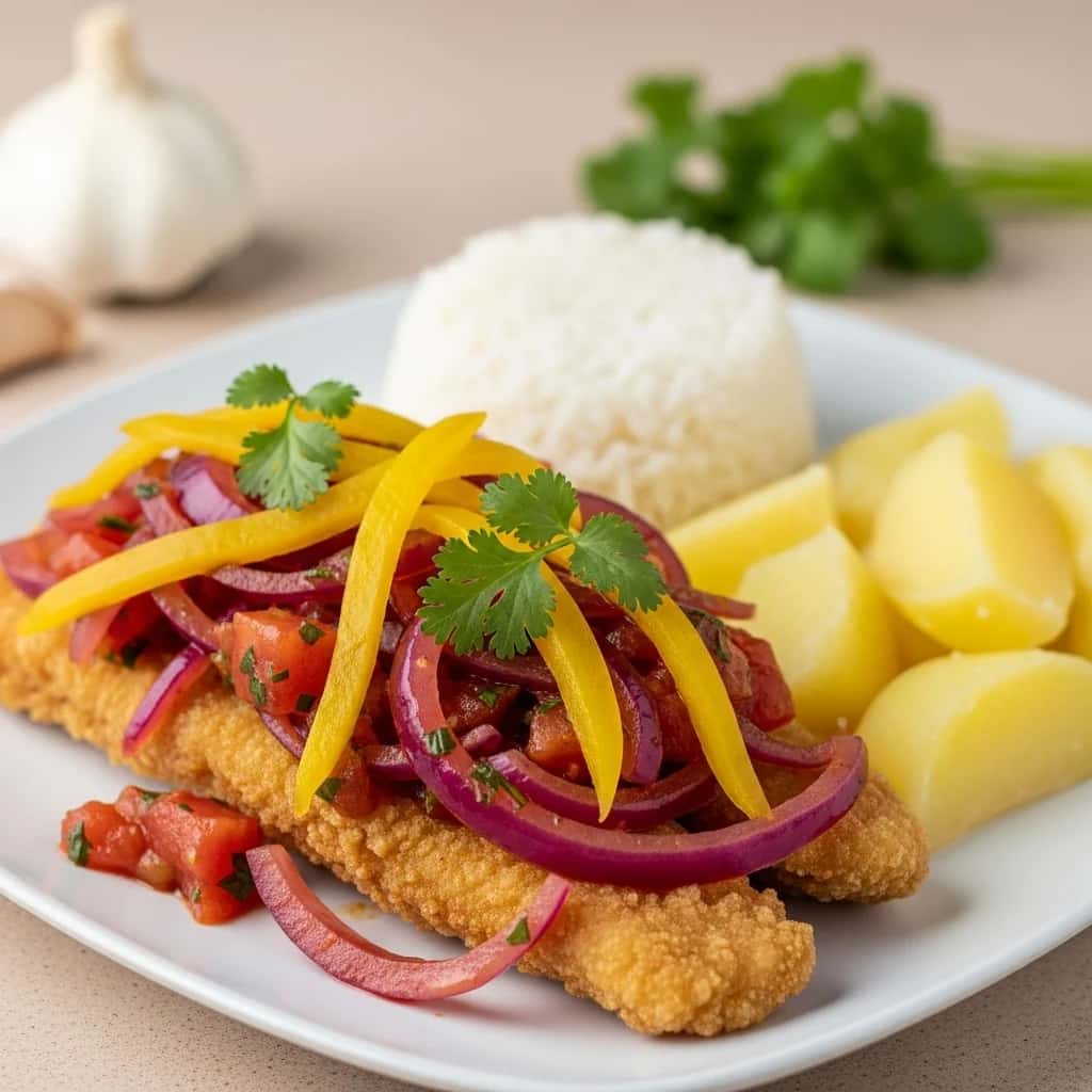 Do Porto de Lima: Um Zesty Garlic & Peixe Frito com Cebola (Pescado a la Chorrillana)