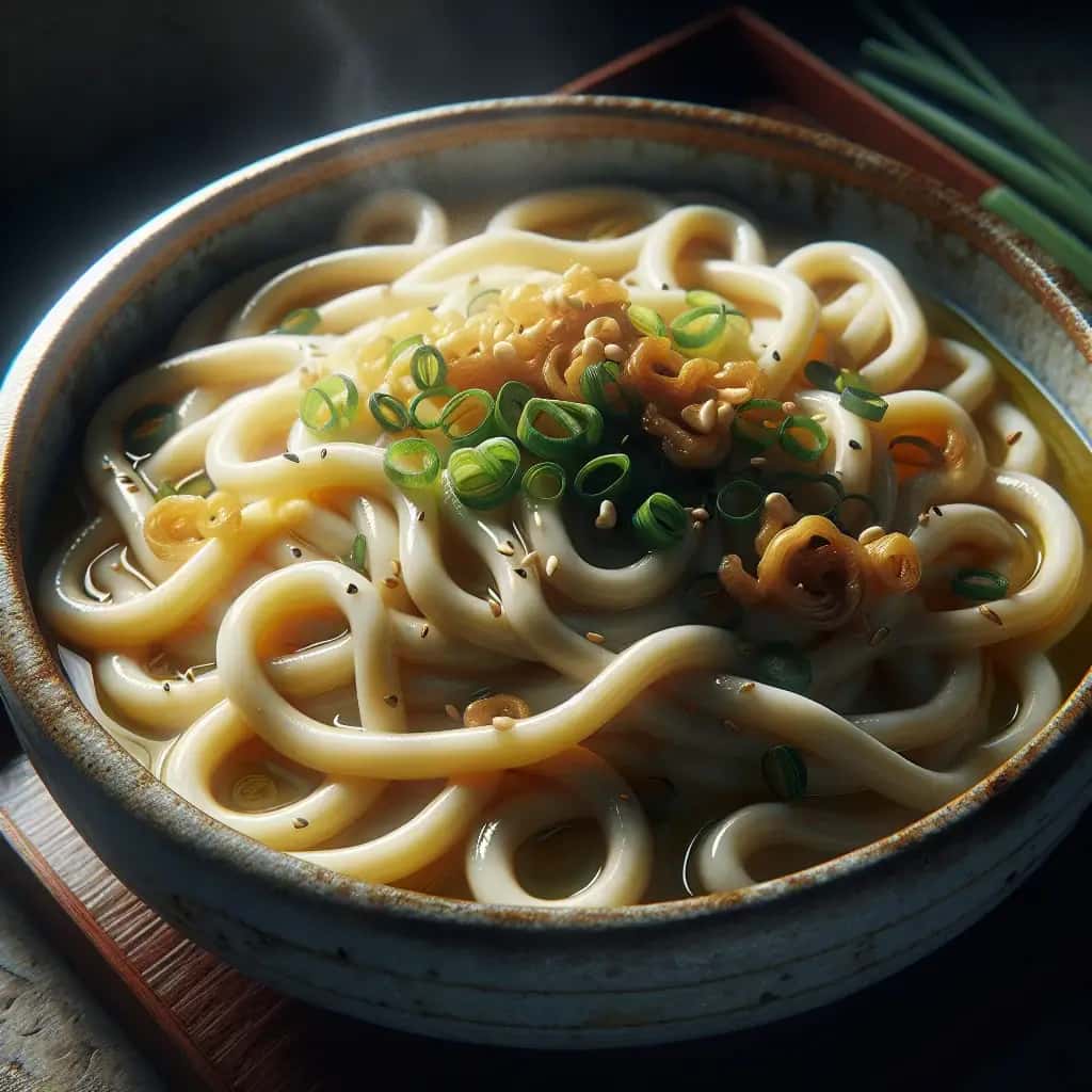 Udon au beurre d'ail et aux oignons verts croustillants
