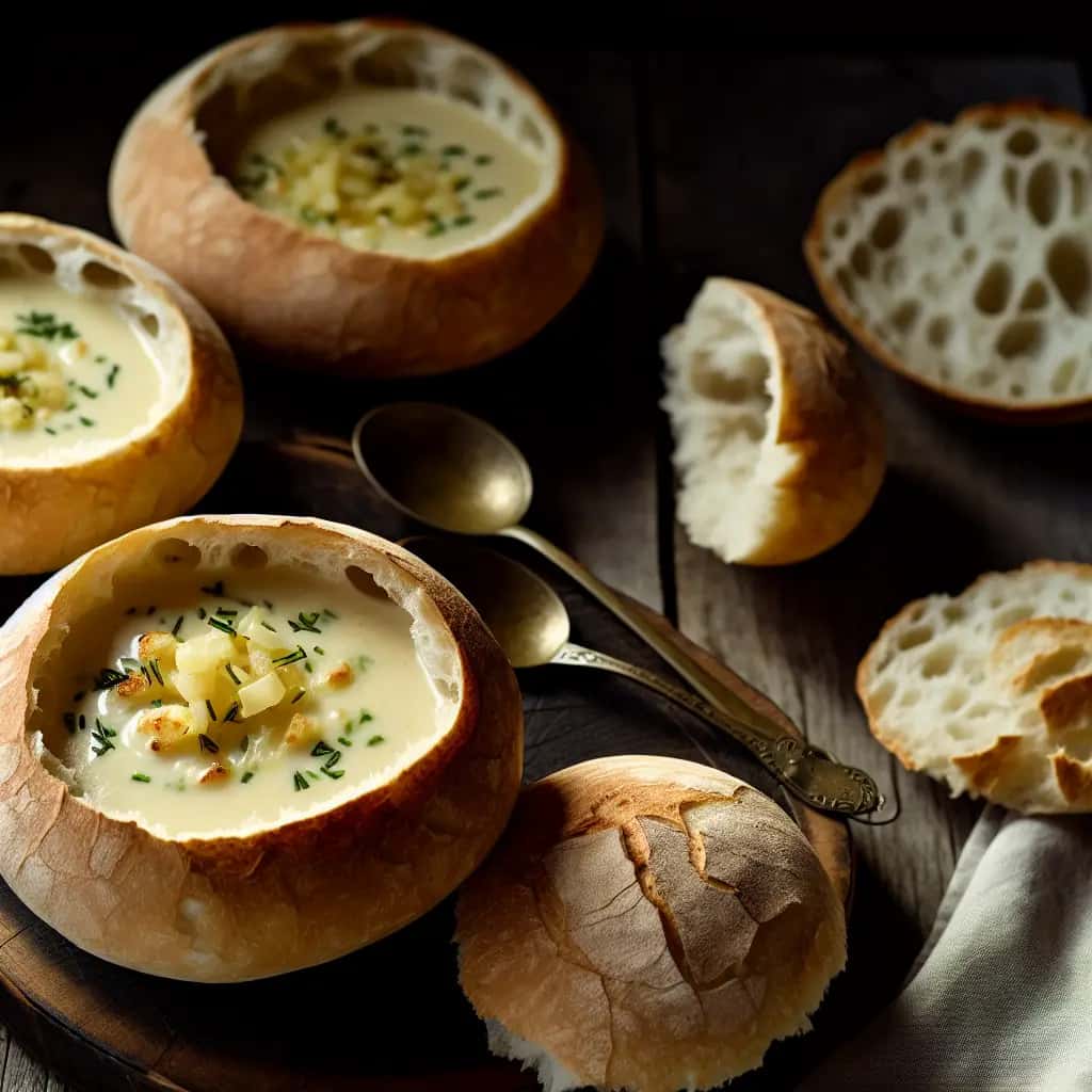 A cura saudável da Eslováquia: uma sopa cremosa de alho em uma tigela de pão (Cesnaková Polievka v Bochníku)