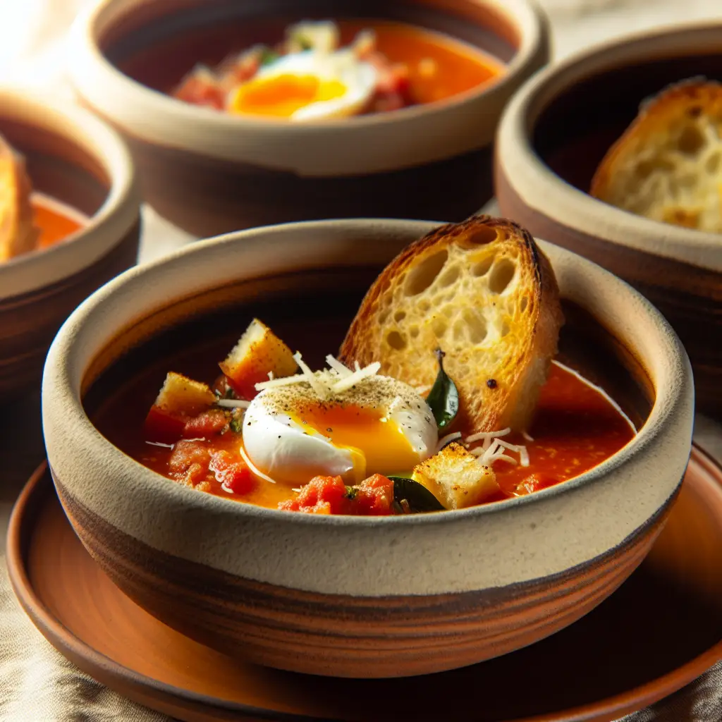 Caldo toscano de ajo bañado por el sol con huevo escalfado