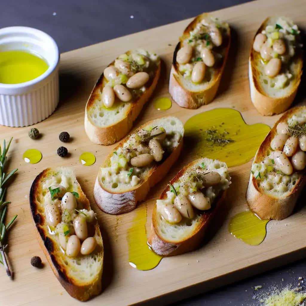 Crostini de feijão branco toscano e alho com alecrim: uma mordida rústica