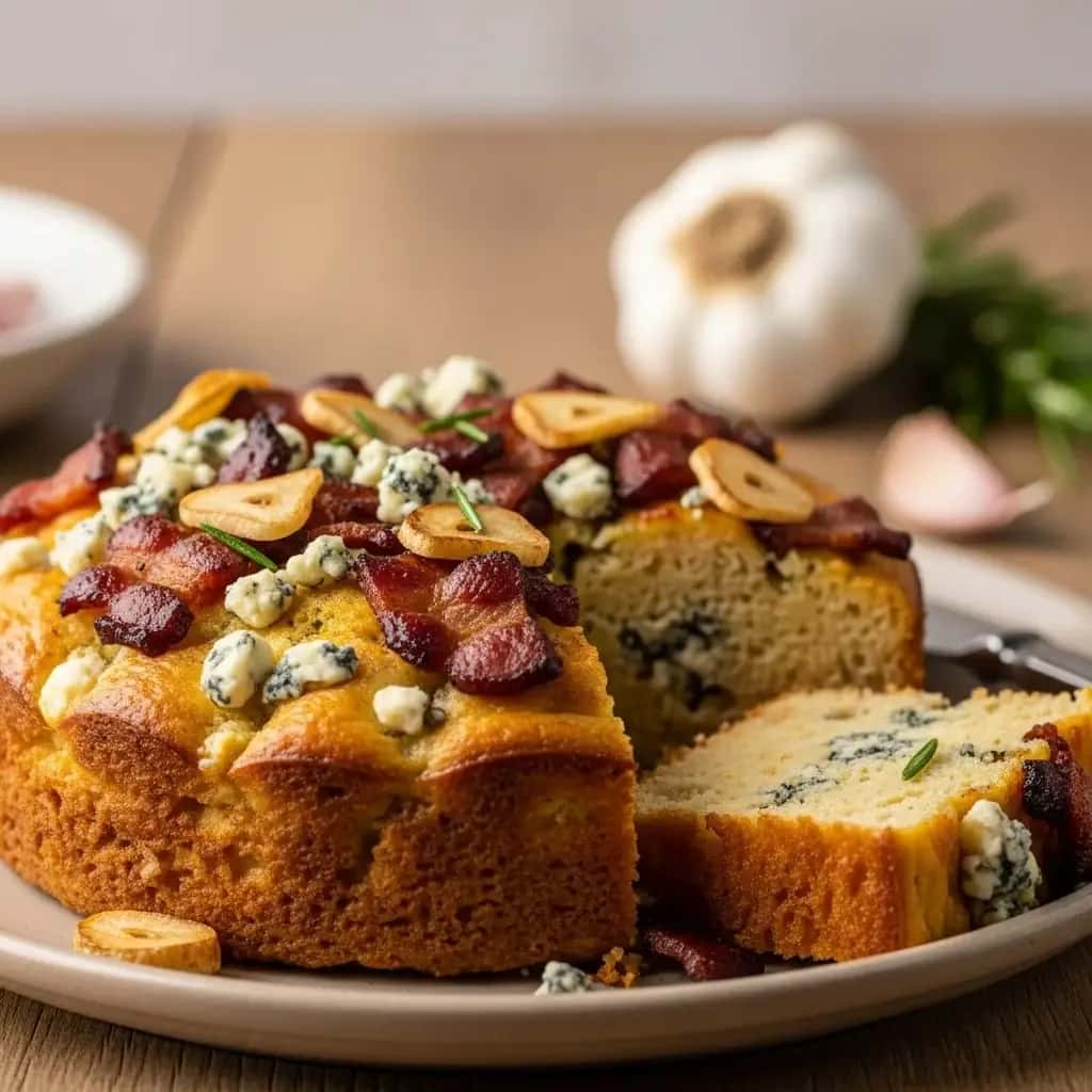 Ein herzhafter Happen: Pikanter Knoblauch, Speck und Käse aus der Slowakei Blauschimmelkäsekuchen