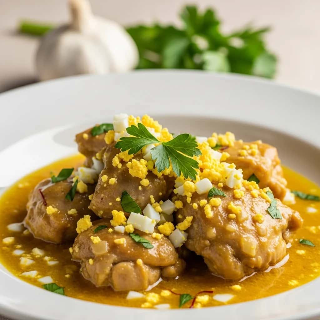 Aus dem historischen Kastilien: Ein goldenes Huhn & Knoblaucheintopf (Pollo en Pepitoria)